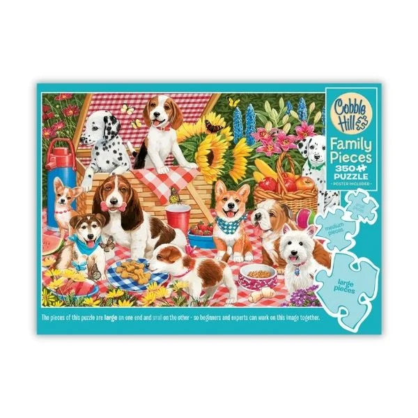 Cobble Hill puzzle box featuring dogs at a picnic scene